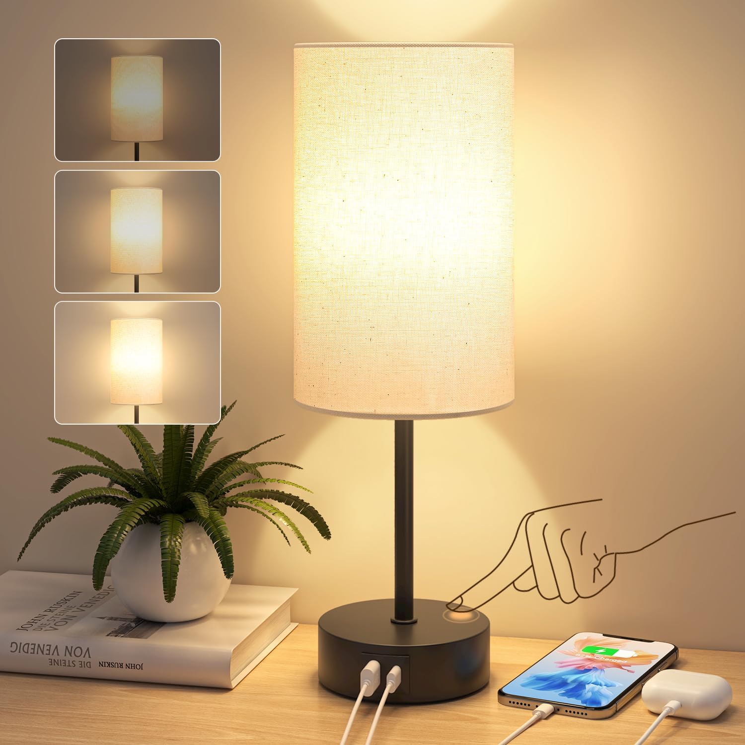 Touch Bedside Lamp with USB Ports & Dimmable Light