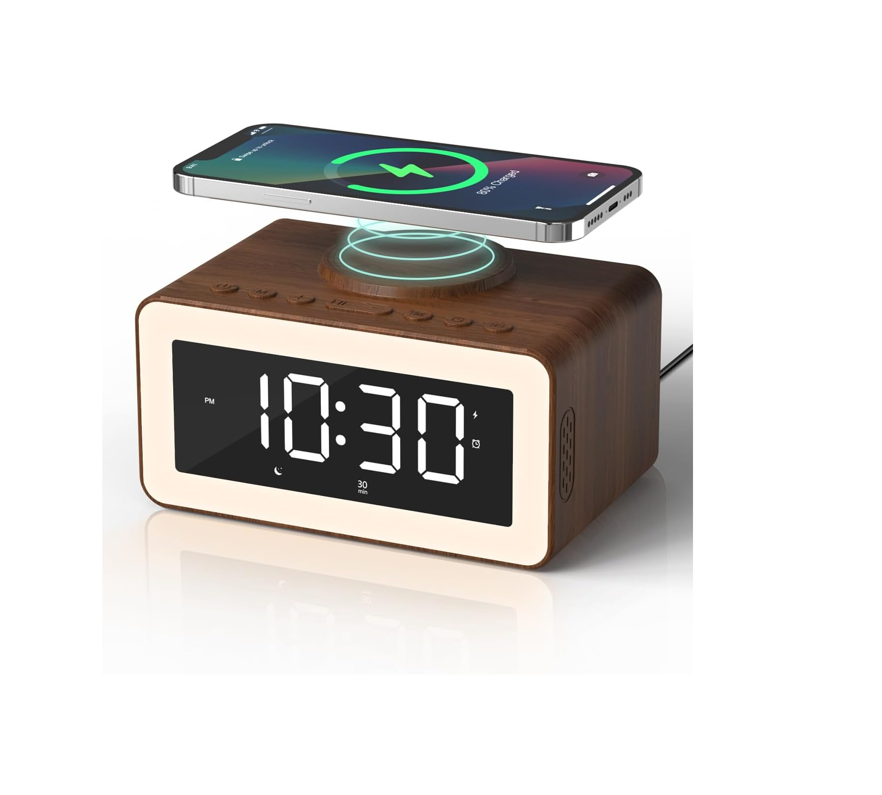 5-in-1 Alarm Clock with Wireless Charger, Bluetooth Speaker & Night Light