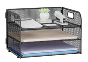 3-Tier Mesh Paper Tray Organiser with Handle – A4 File Holder, Black