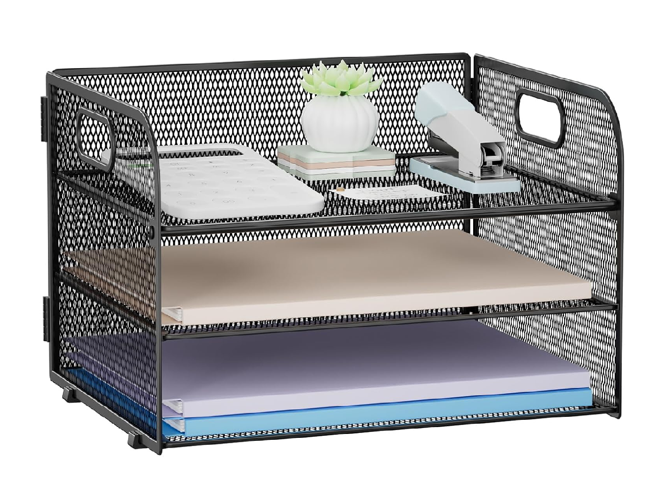 3-Tier Mesh Paper Tray Organiser with Handle – A4 File Holder, Black