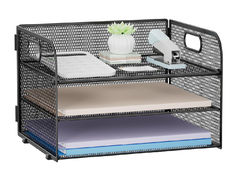 3-Tier Mesh Paper Tray Organiser with Handle – A4 File Holder, Black