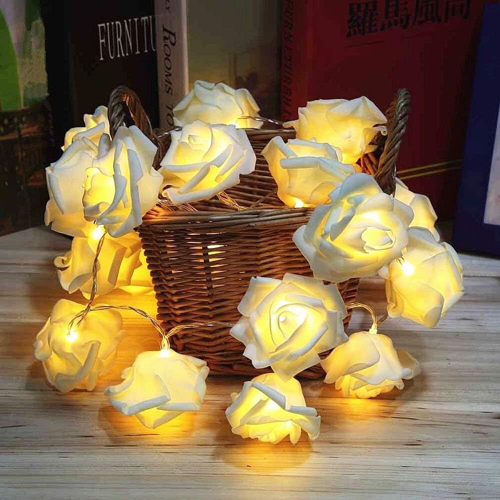 LED Rose Flower String Lights, 20 Warm White Battery Fairy Lights