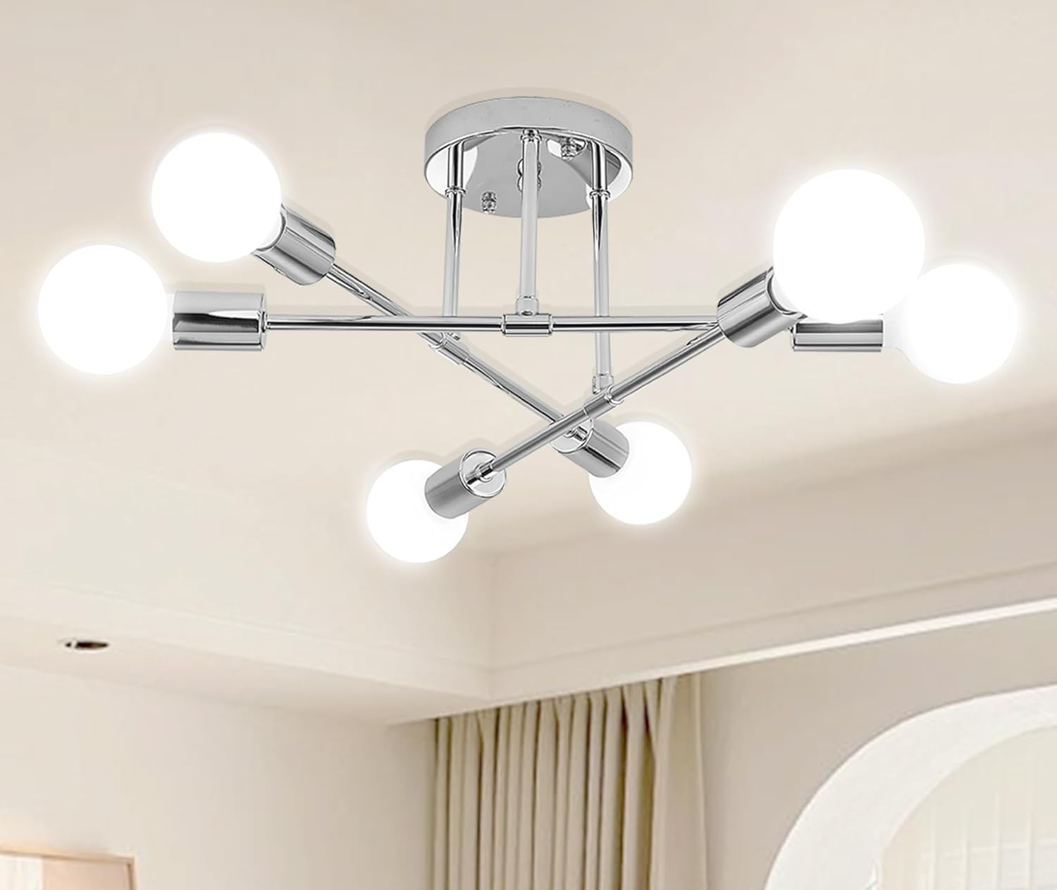 6-Light Silver Flush Mount Ceiling Chandelier – Modern Indoor Fixture