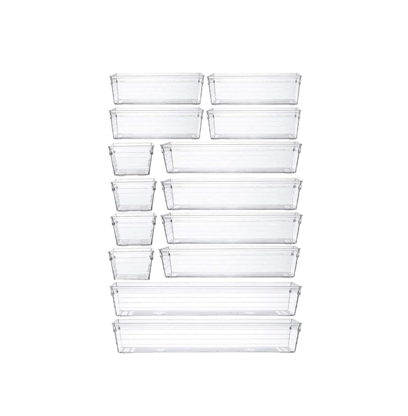14 Pcs Clear Drawer Organiser Trays – Versatile Storage for Office, Kitchen & Makeup