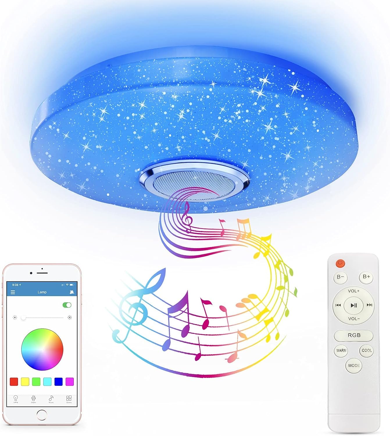 36W RGB LED Ceiling Light with Bluetooth Speaker, Cool/Warm White Color Changing lamp with Remote and App Control