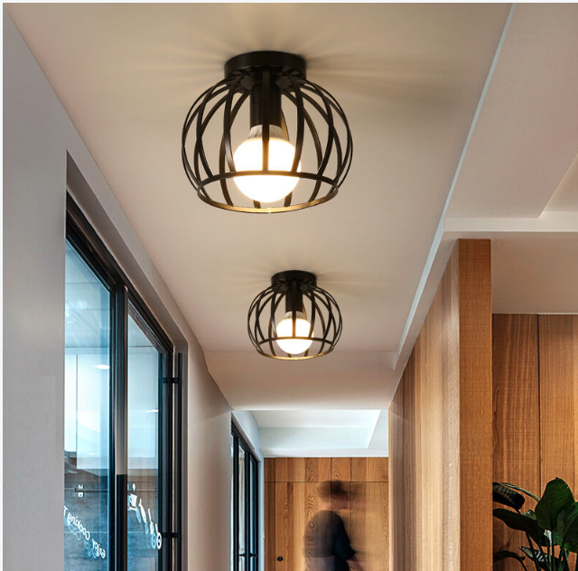 Vintage Semi Flush Ceiling Light – Black Metal Cage Fixture with E27 Holder for Living Room, Kitchen, Bedroom, or Hallway
