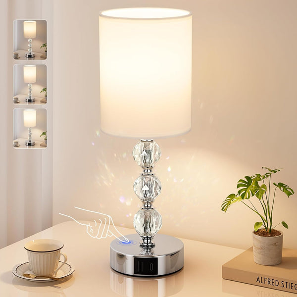 Crystal Touch Bedside Lamp with USB-C & Dimmable Light