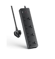 4 Way Extension Lead with 3 USB Ports 30W – 2M Surge Protected Power Strip, Black