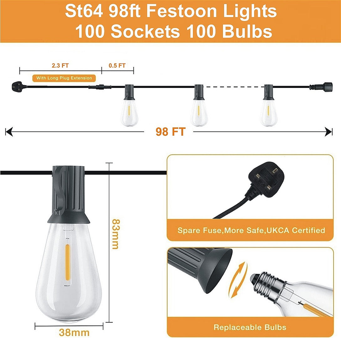 98FT Warm White Festoon Lights – 100 LED ST64 Bulbs for Outdoor Garden & Patio – Mains Powered, Waterproof, 3000K Ambience Lighting