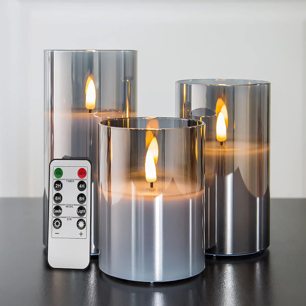 Silver Grey Glass Flameless Flickering Candles with Remote, 3 Pack Realistic LED Fake Candles