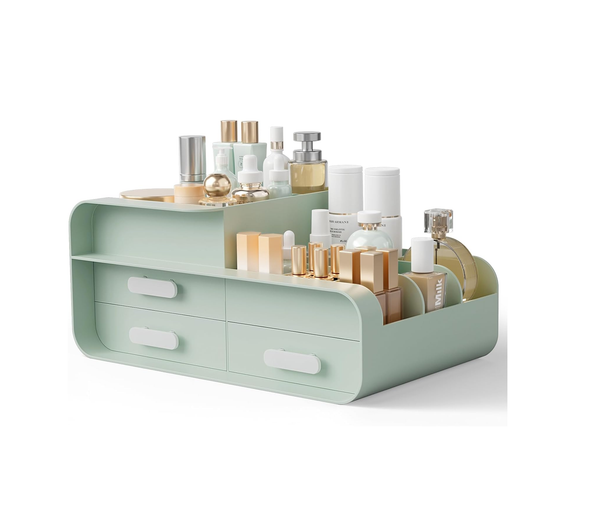 Green Makeup Organizer Box with Drawers for Skincare and Jewelry Storage