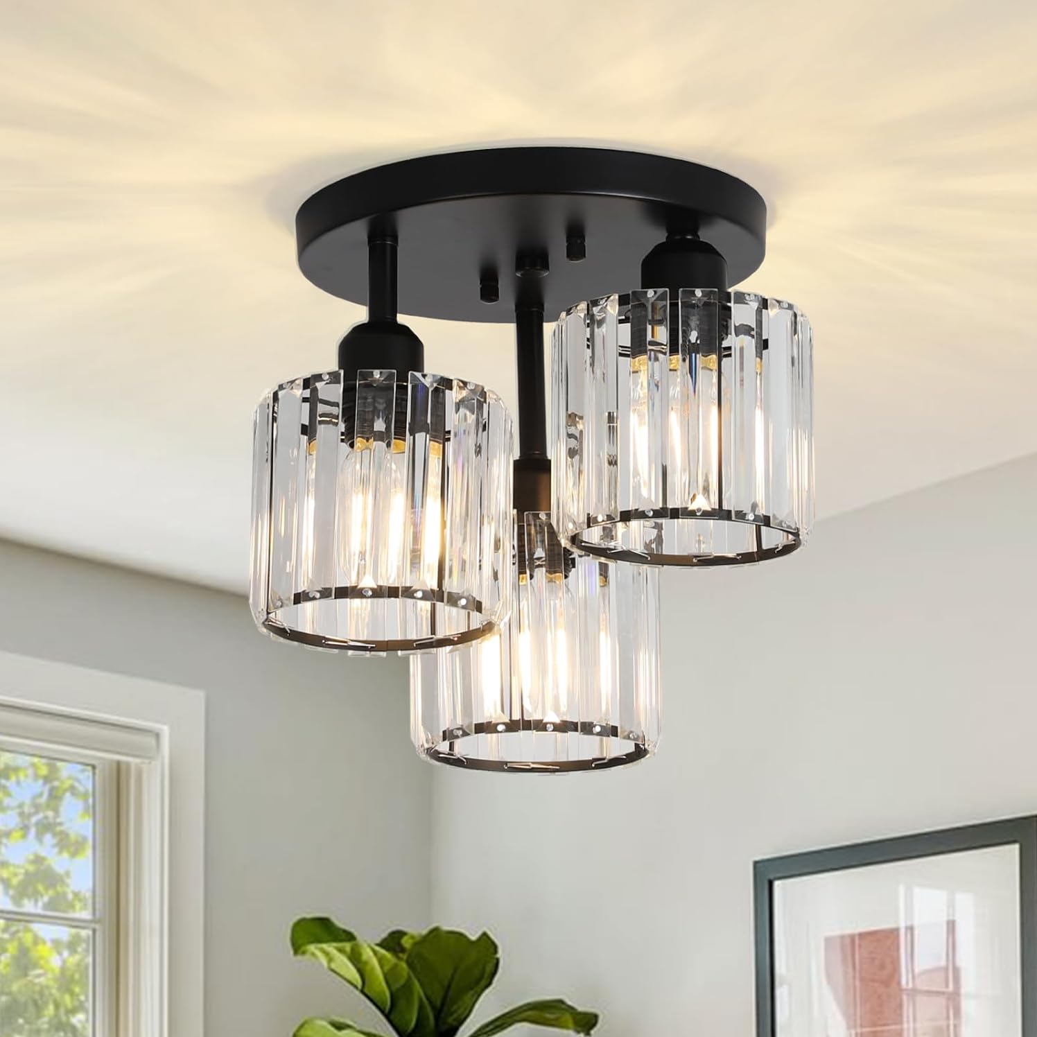 Modern Crystal Chandeliers Ceiling Light, 3-Lights Crystal Ceiling Lights Living Room, Black Semi Flush Ceilings Light Fittings for Hallway
