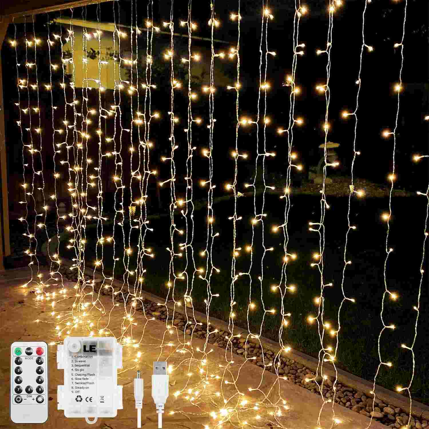 300 LED Curtain Lights – Warm White, 8 Modes