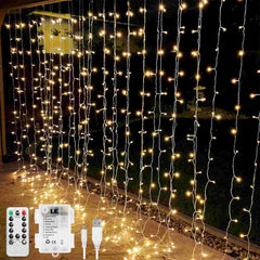 300 LED Curtain Lights – Warm White, 8 Modes