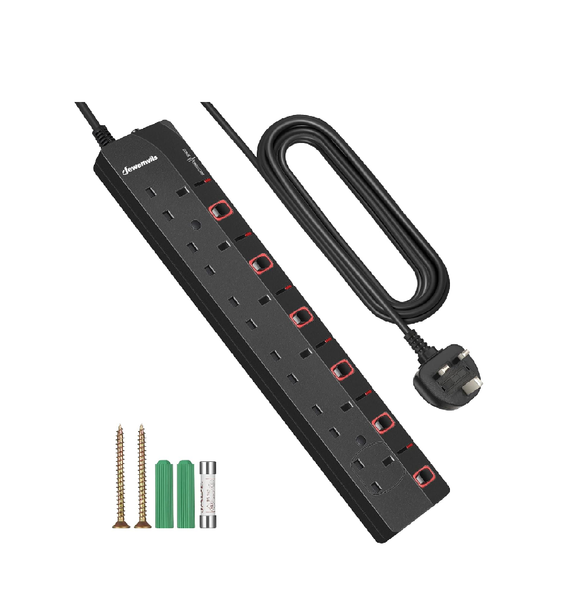 6 Way Extension Lead with Individual Switches – 5M Surge Protected Power Strip, 13A, Black