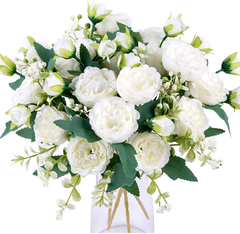 Floweroyal 4 Bunches Artificial White Peony Flowers – Silk Bouquets for Home & Wedding Décor