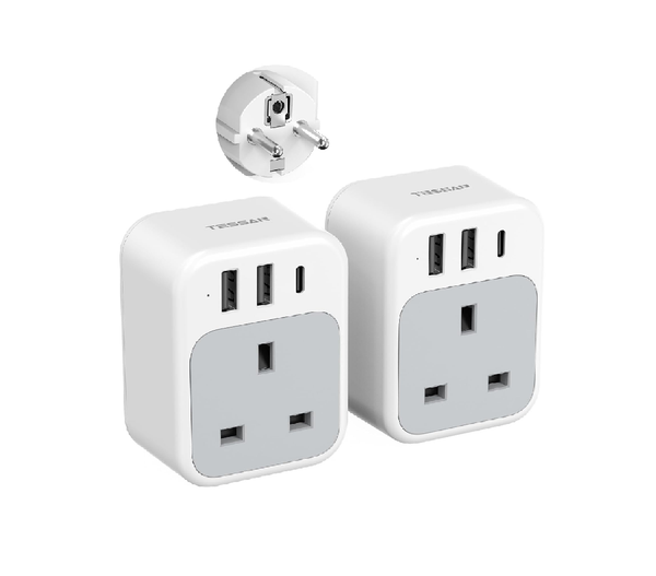 UK to EU Plug Adapter 2 Pack, 4-in-1 Europe Travel Adapter with 3 USB & USB-C