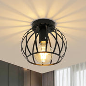Vintage Semi Flush Ceiling Light – Black Metal Cage Fixture with E27 Holder for Living Room, Kitchen, Bedroom, or Hallway