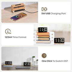 Wood Grain Digital Alarm Clock with Dual Alarms, Snooze & Adjustable Brightness