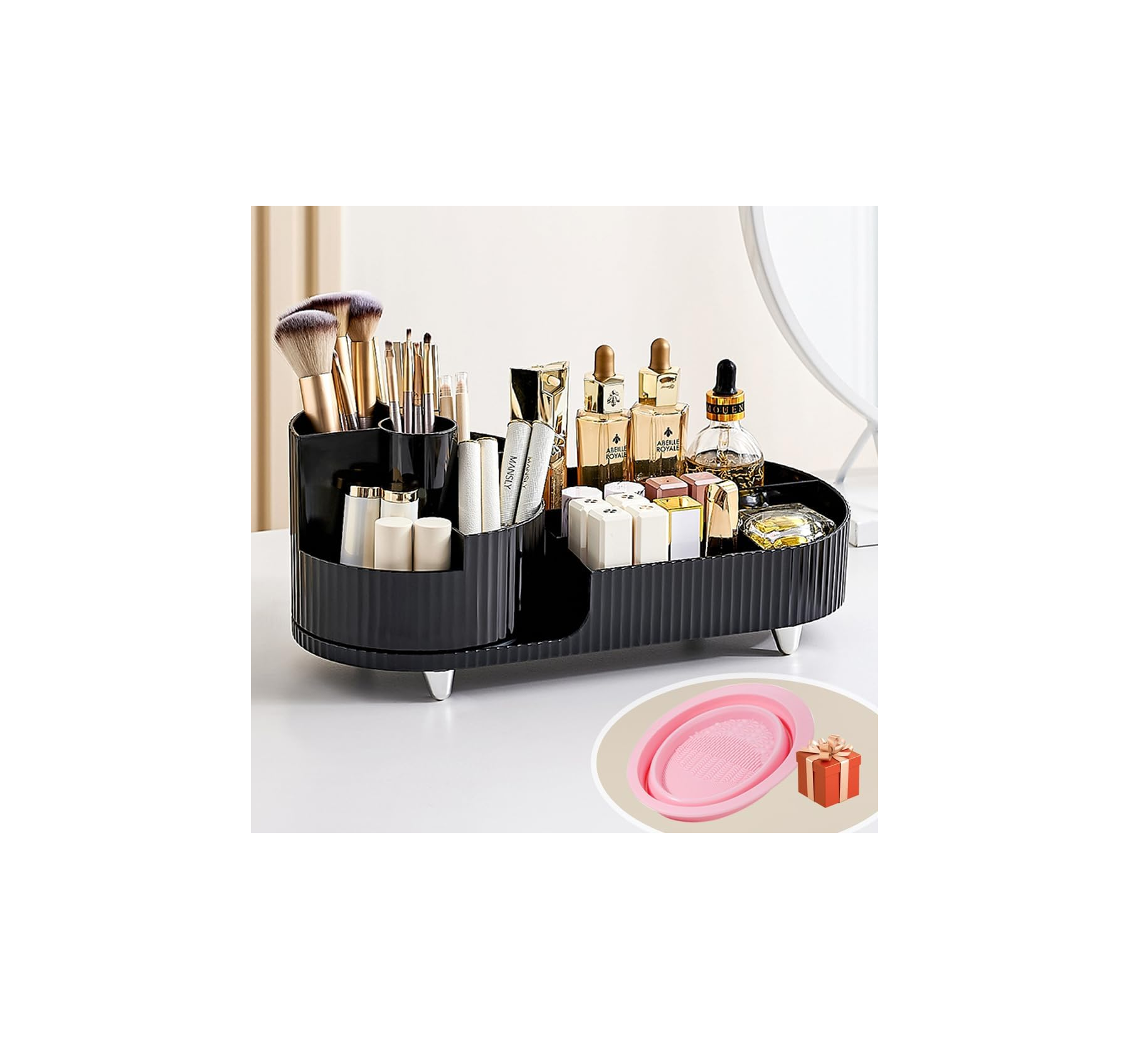 360 Rotating Black Makeup Organizer 2-in-1 Cosmetic Storage Box