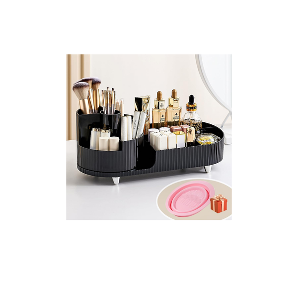 360 Rotating Black Makeup Organizer 2-in-1 Cosmetic Storage Box