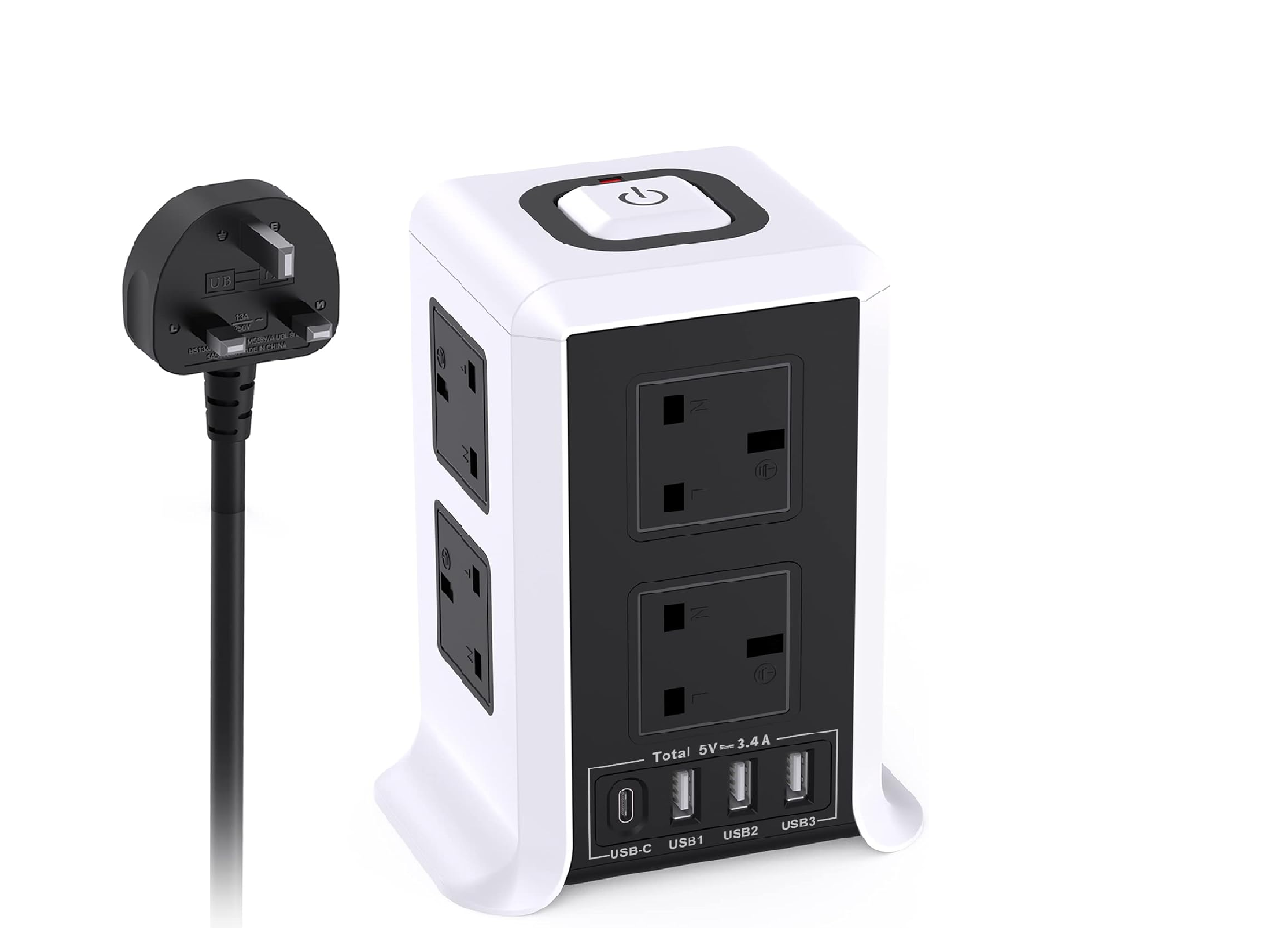 8 Way Tower Extension Lead with 4 USB Ports – 2M Cable, Surge Protected Power Tower