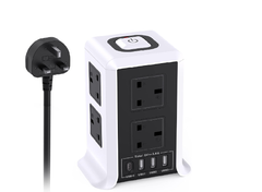 8 Way Tower Extension Lead with 4 USB Ports – 2M Cable, Surge Protected Power Tower