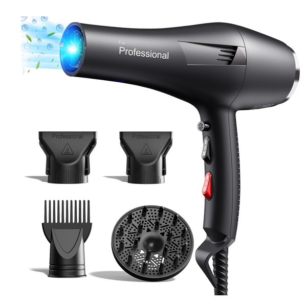 Professional Ionic Hair Dryer – Fast Drying Blow Dryer with Diffuser & Comb, Black