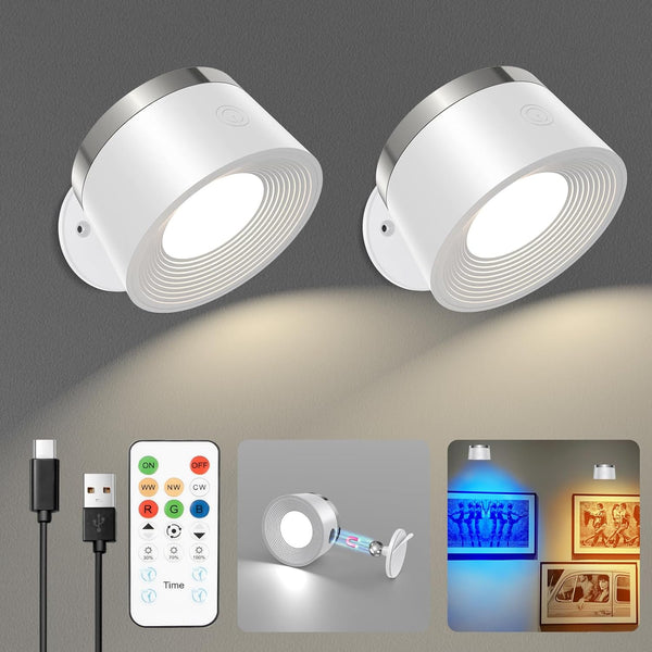 LED Battery Operated Wall Lights, Remote-Controlled, 360° Rotatable, Rechargeable Sconces (2 Pack, White)