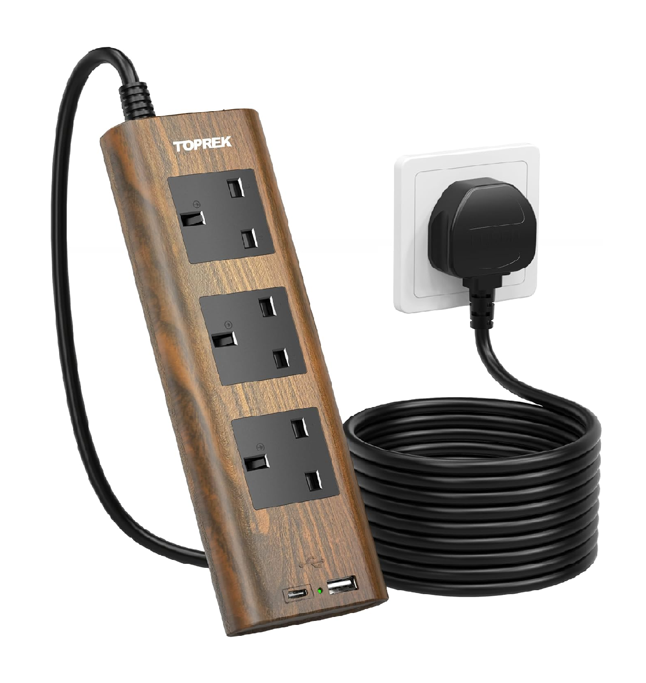 3 Way Wood Grain Extension Lead with USB Ports – 2M Surge Protected Power Strip