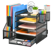 5-Tier Mesh Desk Organiser with Drawer & Pen Holders – File & Paper Tray Storage, Black