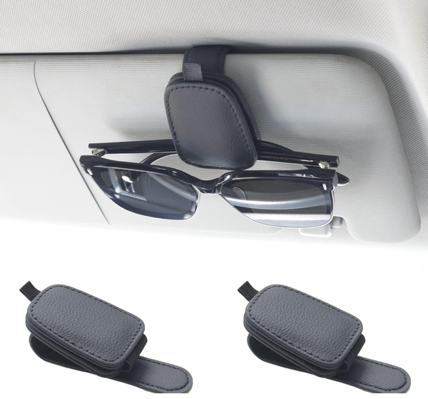 Magnetic Leather Car Sunglass Holder & Card Clip – Sun Visor Organizer Accessories (2-Pack, Black)