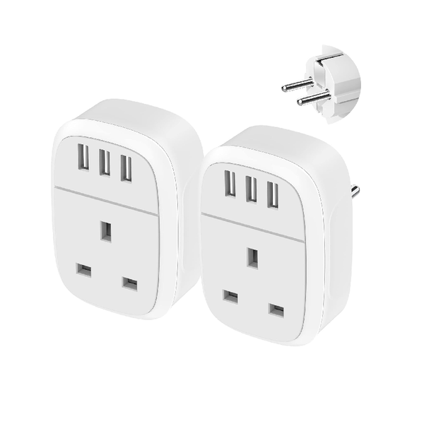 UK to EU Plug Adapter 2 Pack, Type E/F Travel Charger with 3 USB Ports