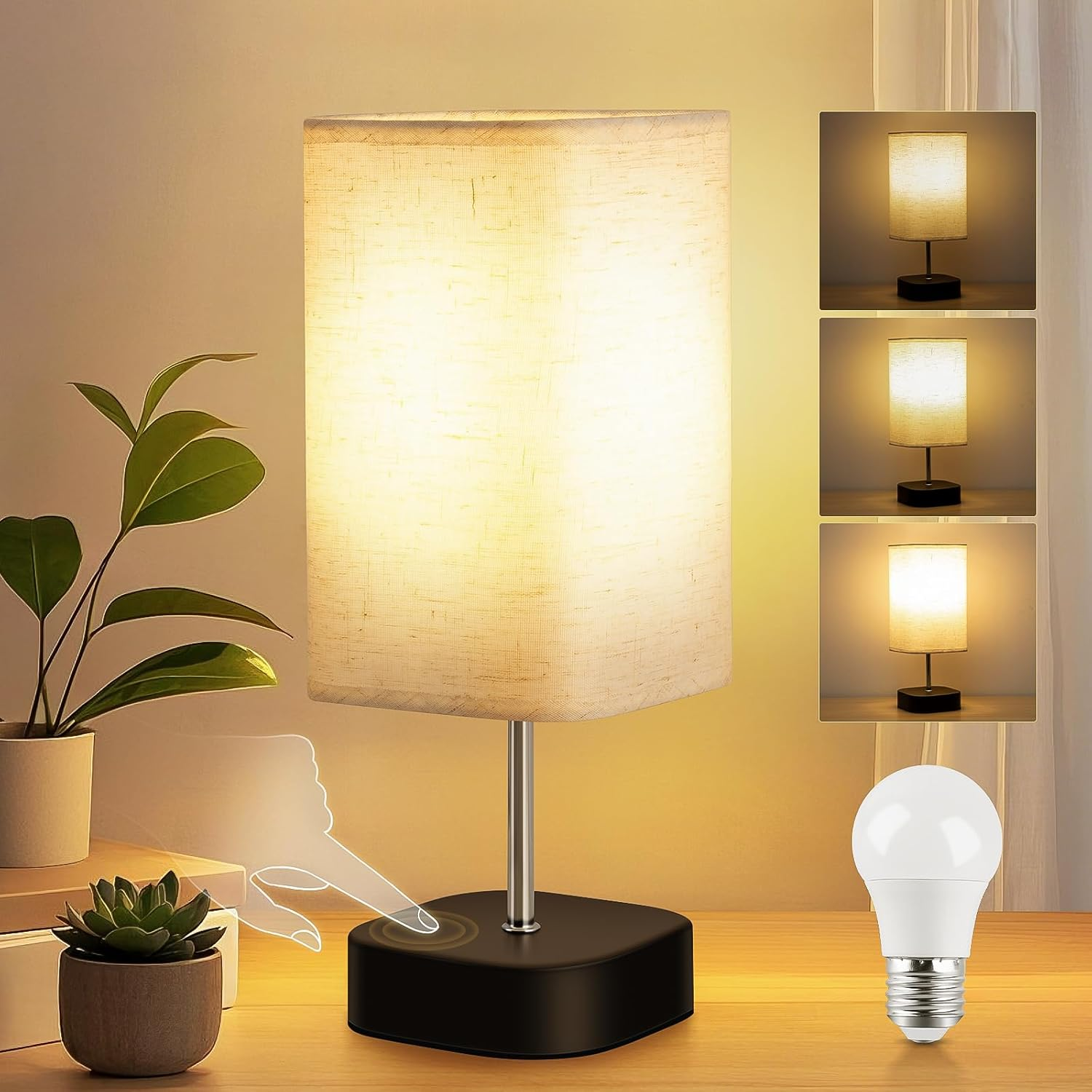 Touch Control Bedside Lamp – 3-Way Dimmable Table Light with Linen Shade & Bulb