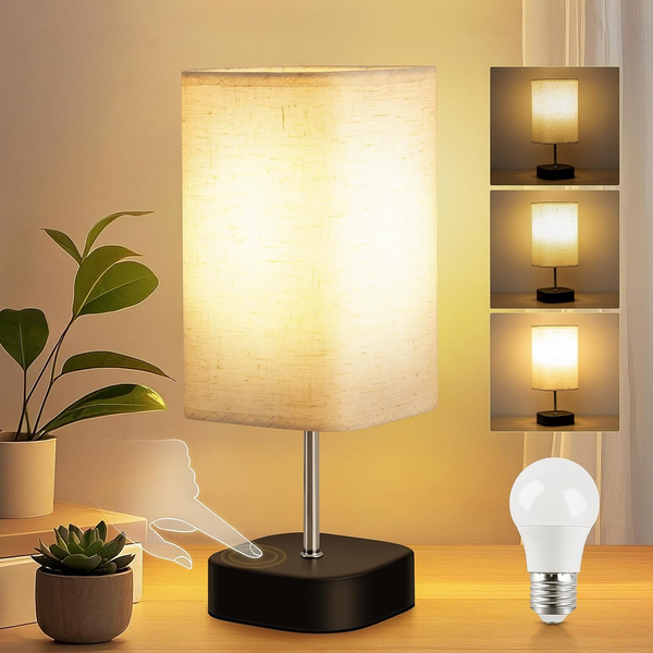 Touch Control Bedside Lamp – 3-Way Dimmable Table Light with Linen Shade & Bulb