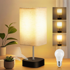 Touch Control Bedside Lamp – 3-Way Dimmable Table Light with Linen Shade & Bulb