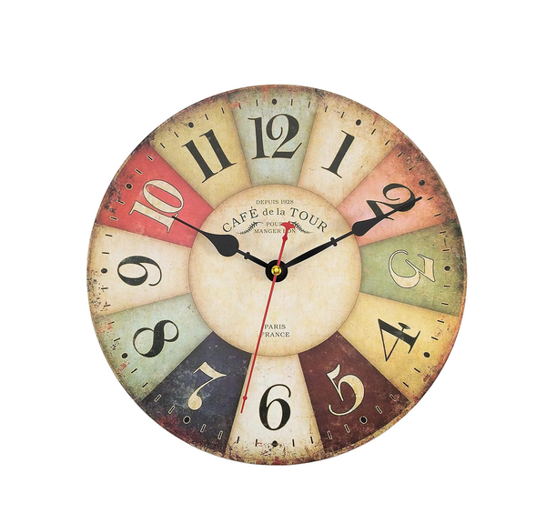 Vintage 30cm French Country Wooden Wall Clock, Silent Non-Ticking Rustic Design