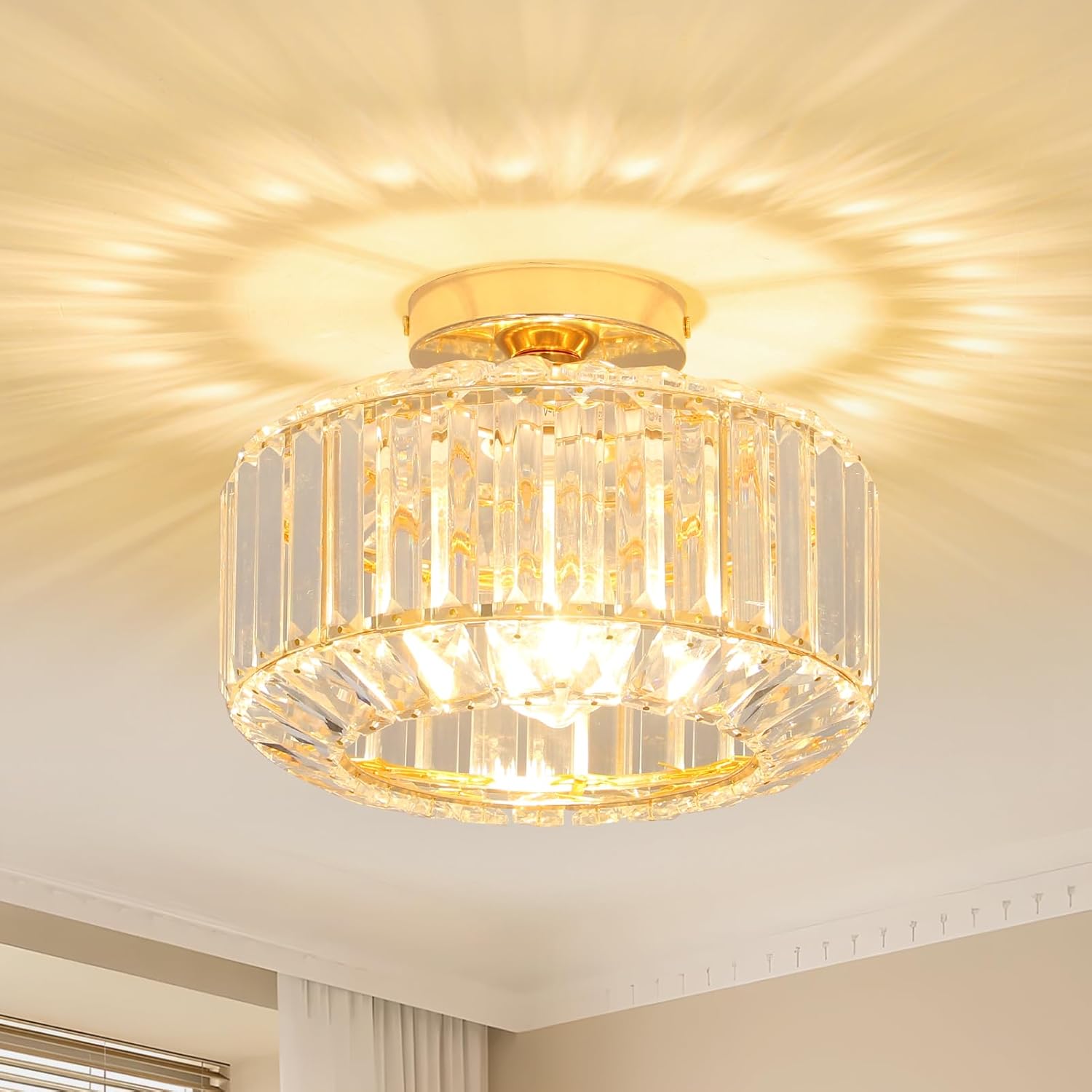 Modern Crystal Ceiling Light with Glass Lampshade Chrome