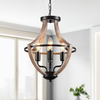 4-Light Farmhouse Chandelier – Retro Flush Mount Ceiling Light Fixture with Wood Grain Finish & Black Metal for Hallway, Dining Room & Bedroom