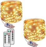 [2 Pack] 120 LED USB String Lights – 40ft, 8 Modes, Waterproof, Remote Controlled