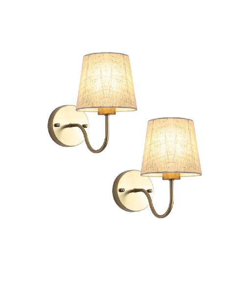 Set of 2 Gold Wall Lights – Vintage Indoor Sconces with Fabric Shade, E27 Compatible