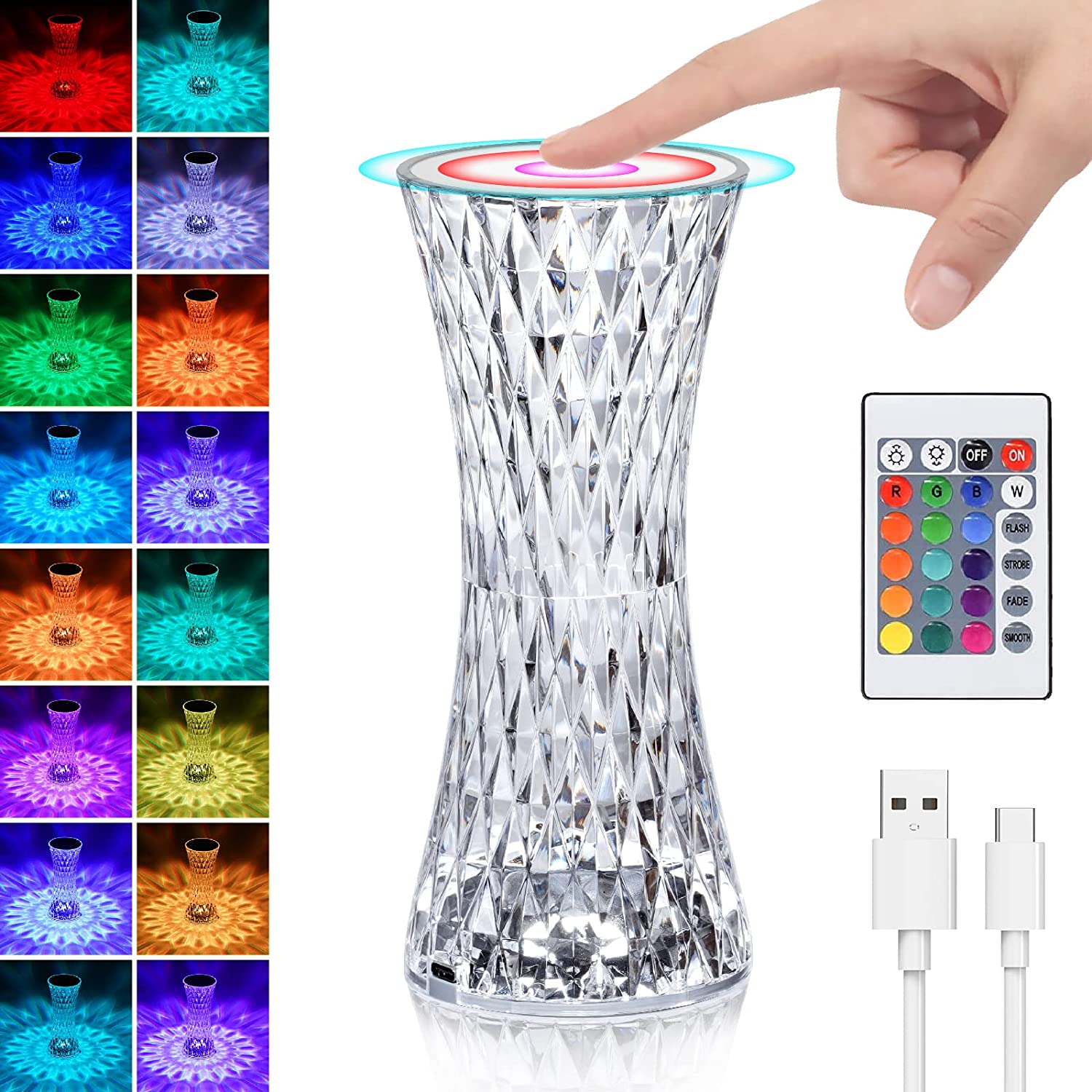 Crystal Diamond Table Lamp, Touch & Remote Control, 16-Color LED Night Light, USB Rechargeable