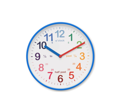 Kids Teaching Wall Clock, Blue Quartz Clock with Rainbow Dial & Quarter Markers