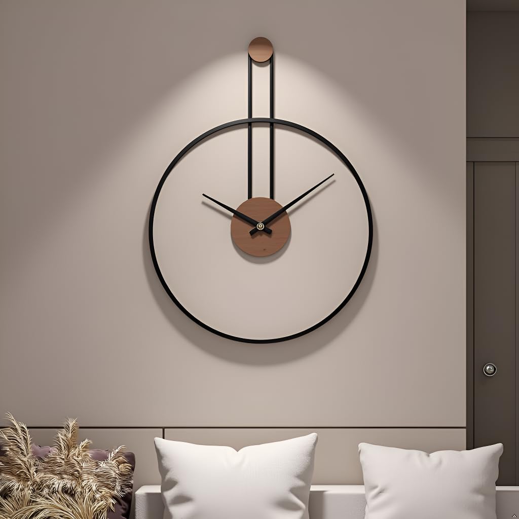 Large Silent Metal & Walnut Decorative Wall Clock