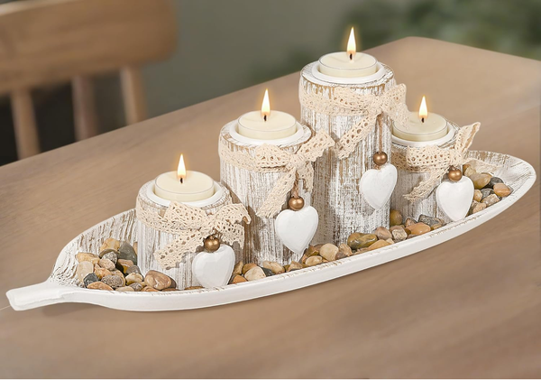 GoMaihe Wooden Candle Holder Set with Tray – 4-Pcs Tealight Centerpiece Décor