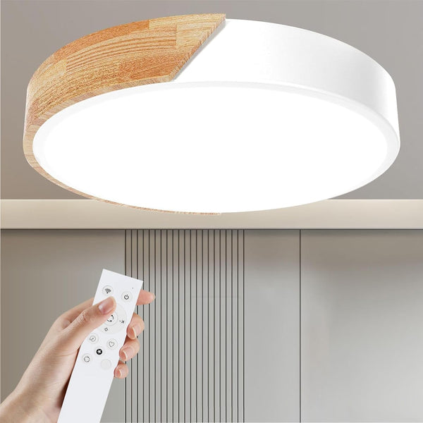 Wooden LED Ceiling Light, Dimmable Modern Fixture with Remote