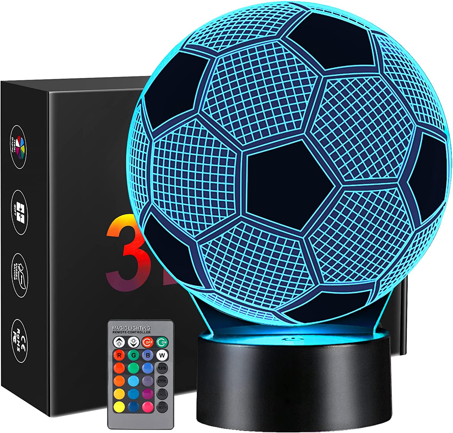 3D Football Night Light - 16 Colors Changing Remote, Ideal Birthday/Christmas Gift for Football Fans