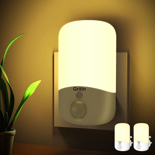 Plug-in Night Light with Sensor, 2 Pack - Adjustable Brightness, 3000K Warm White