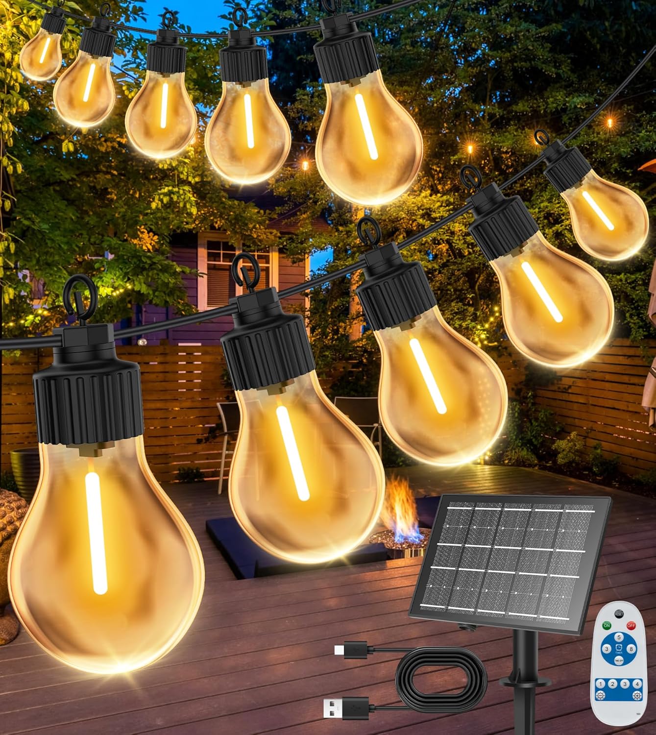 Solar String Lights Outdoor 15M/50FT – USB & Solar Powered Garden Festoon Lights