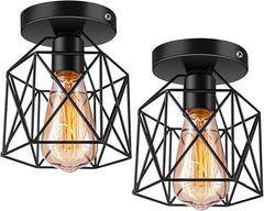 Modern Black Wire Frame Ceiling Light - Semi-Flush Mount Design for Living Room, E27 LED Bulb Fixture, Pack of 2